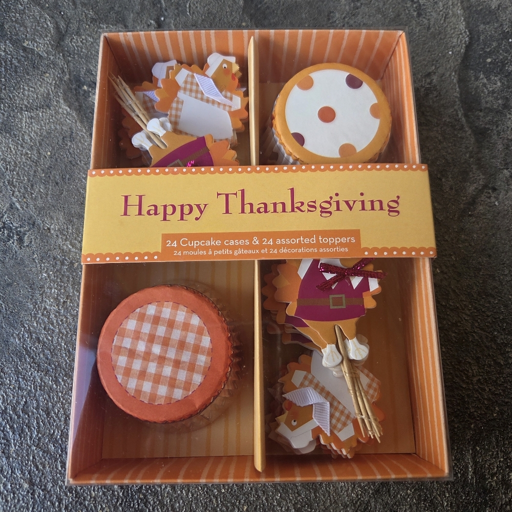Thanksgiving Cupcake Wrapper Case & Toppers Set - 24 Cupcake Wrappers 24 Toppers
